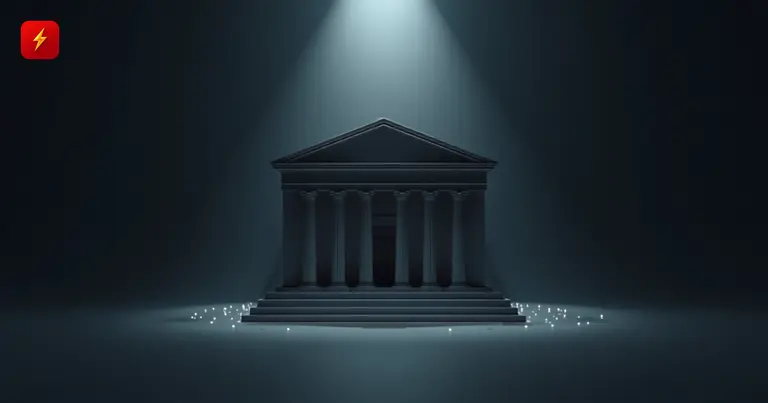 Classical bank building under a spotlight with blockchain node dots at its base