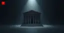 Classical bank building under a spotlight with blockchain node dots at its base