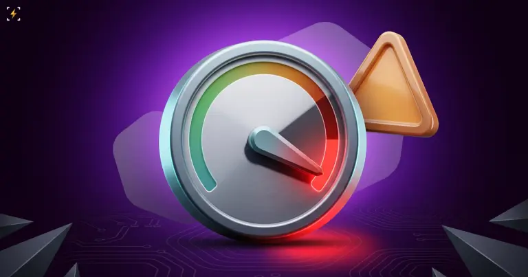 A glossy risk gauge with the needle swung into the red section and a warning triangle behind it