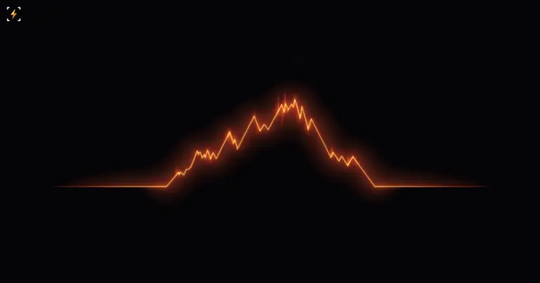 A glowing jagged price chart tracing a sharp rise, plateau, and drop in a rounded hump shape