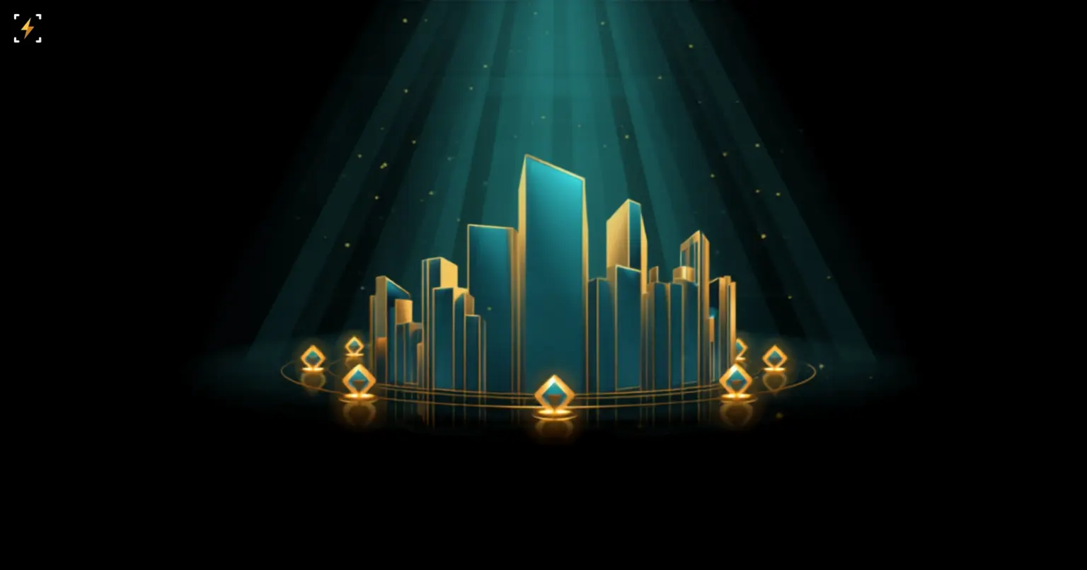 Glossy teal and gold 3D city skyline glowing under a spotlight, encircled by an orbit ring with connected diamond nodes, symbolizing thousands of attendees converging on one event
