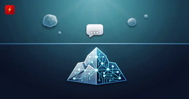 An iceberg with a glowing circuit network below the waterline and a small chat icon above it, symbolizing the vast invisible AI beneath the visible tip
