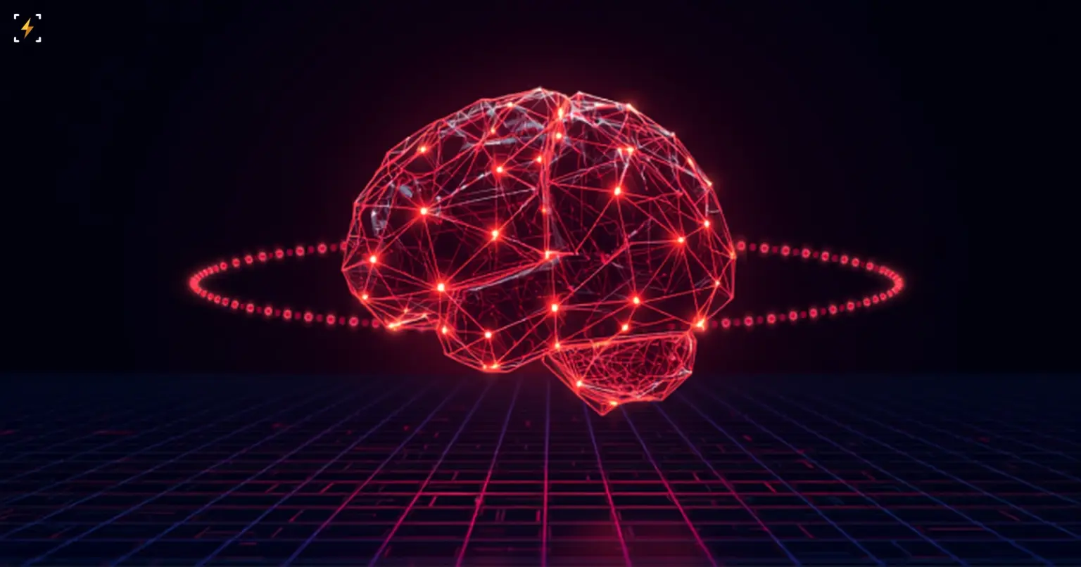 Glowing red wireframe brain made of connected neural nodes, orbited by a ring of particles above a dark grid, symbolizing a new large AI language model