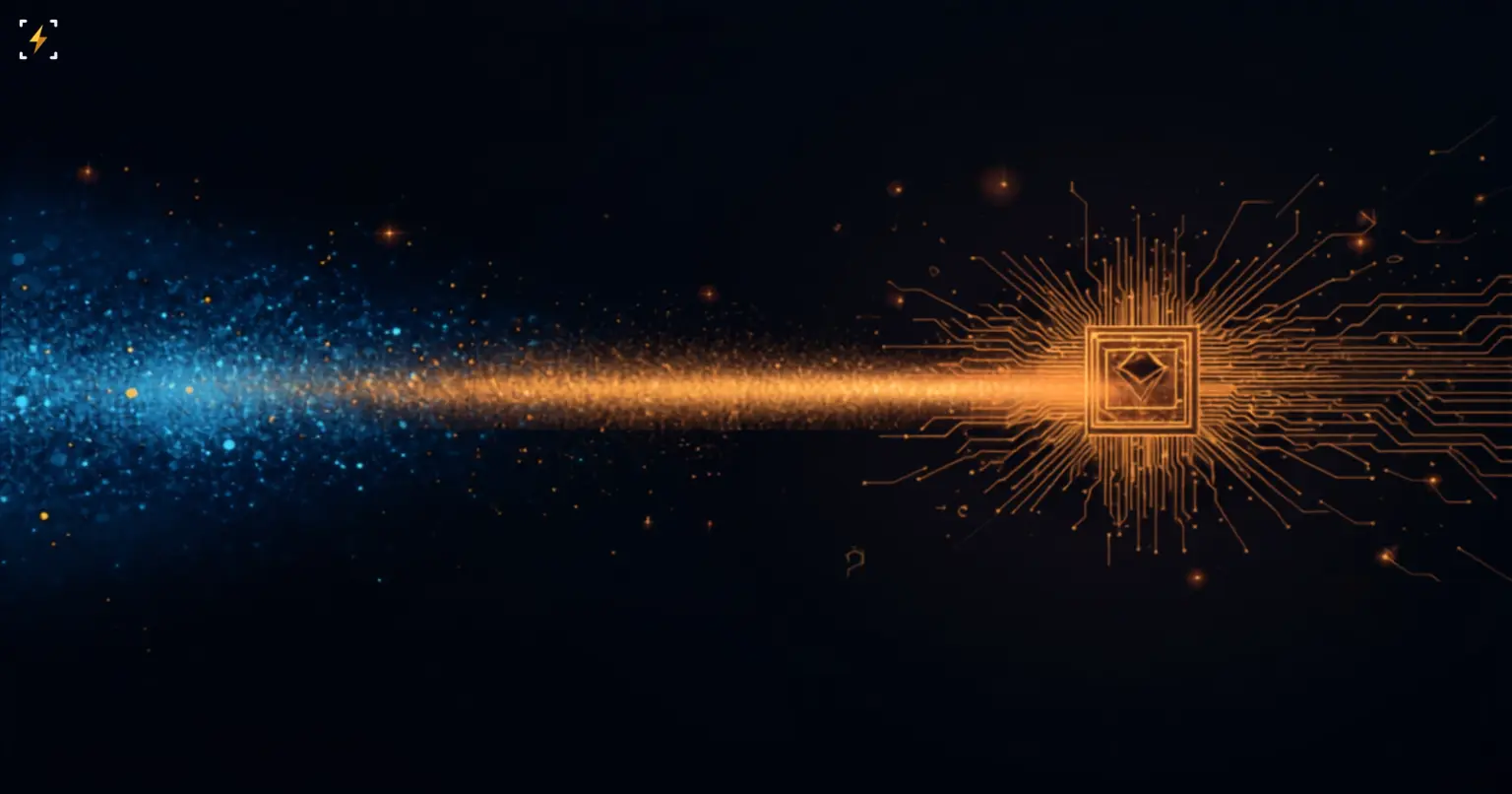 Flat vector illustration of a dimming blue particle stream flowing into a glowing amber microchip with a small Ethereum diamond etched inside it and circuit lines radiating outward, symbolizing a company shifting capital from Ethereum purchases toward custom chip and AI development