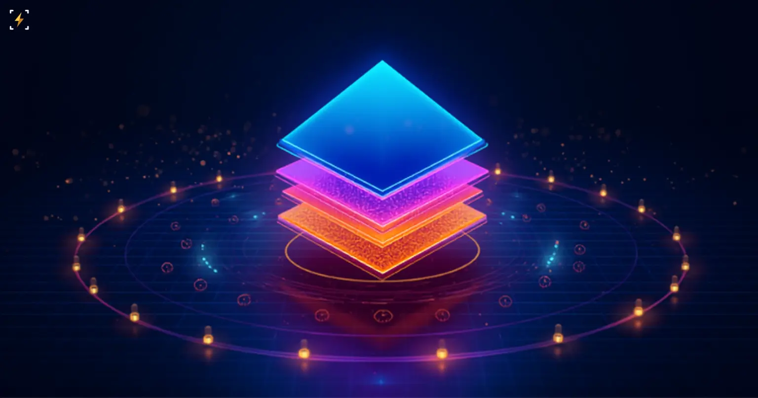 Three glowing diamond-shaped panels in blue, violet, and orange stacked above a double orbit ring of small clock icons, symbolizing layered trading instruments with round-the-clock access
