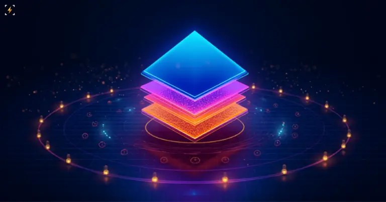Three glowing diamond-shaped panels in blue, violet, and orange stacked above a double orbit ring of small clock icons, symbolizing layered trading instruments with round-the-clock access