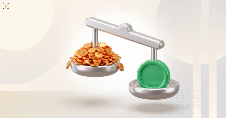 A balance scale where a heaped pan of hundreds of tiny gold coins has risen while a single green coin on the other pan sinks down