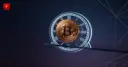 A Bitcoin coin balanced on a blade's edge in front of a glowing clock face symbolizes the tension ahead of today's options expiry