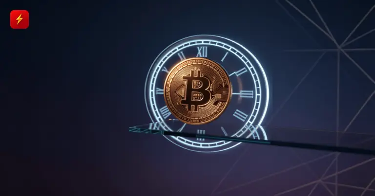 Биткоин-монета на грани клинка на фоне светящегося циферблата символизирует напряжение перед экспирацией опционов