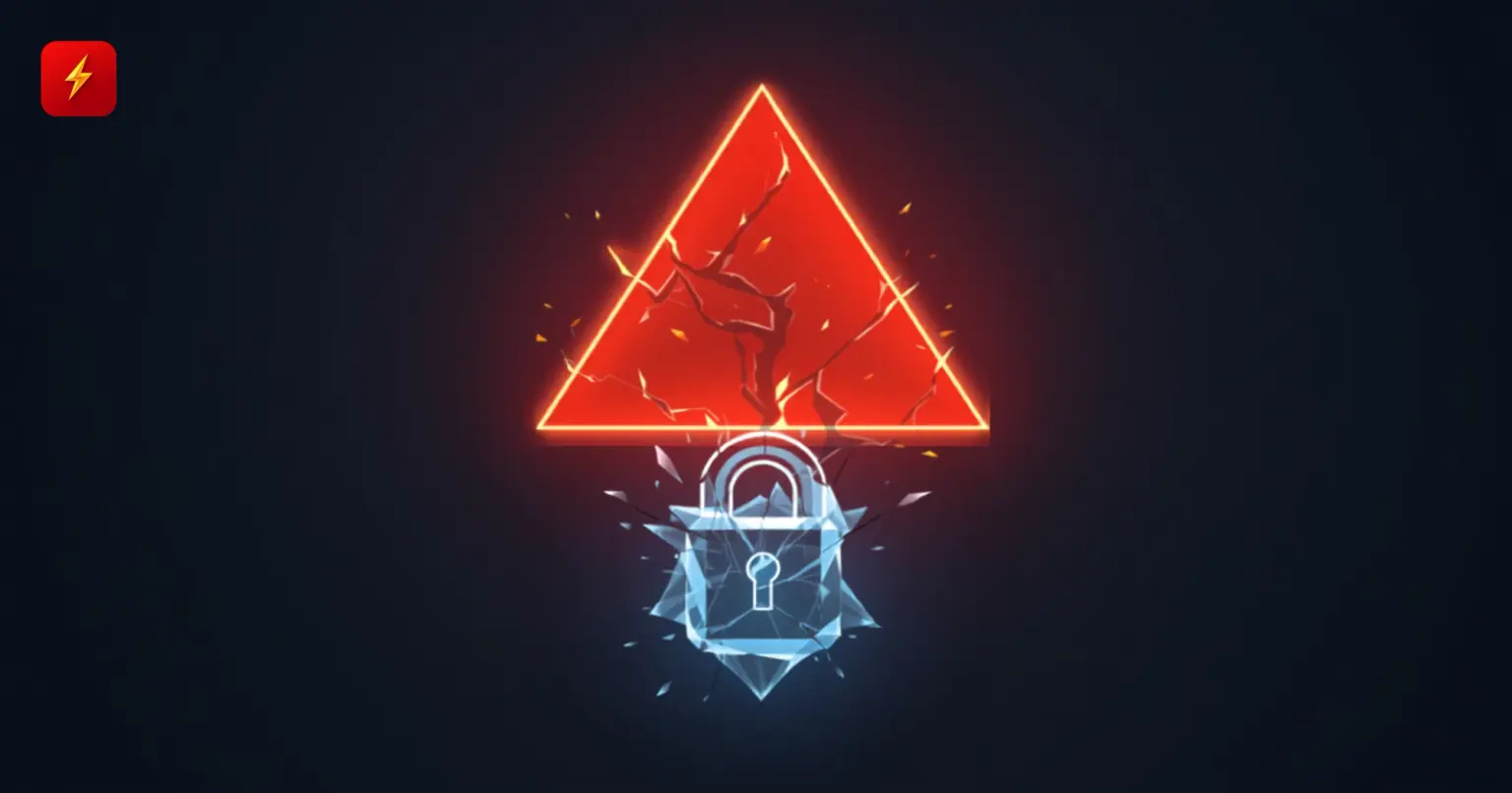 A cracked glowing red warning triangle above a shattering ice-encased padlock, symbolizing a flagged fraudulent platform with investor funds frozen