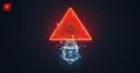 A cracked glowing red warning triangle above a shattering ice-encased padlock, symbolizing a flagged fraudulent platform with investor funds frozen