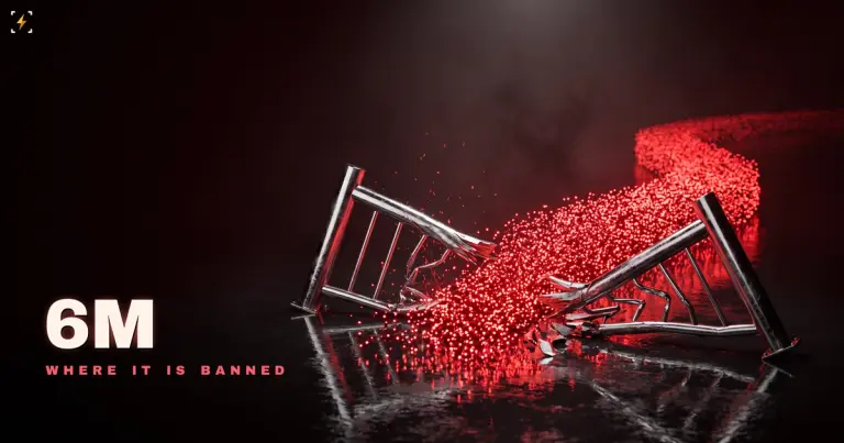 A broken chrome barrier gate lying on a wet dark floor while a dense river of glowing red points streams over and past it