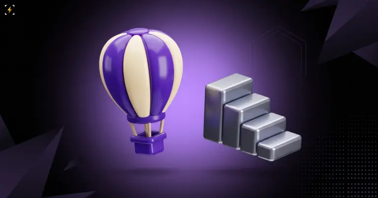 Violet hot air balloon beside a short descending staircase