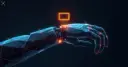 Плоская векторная иллюстрация крупной светящейся синей геометрической руки робота, получающей луч света от небольшого светящегося янтарного видео-кадра прямо в сустав запястья — символ обучения робота новой задаче по одной видео-демонстрации