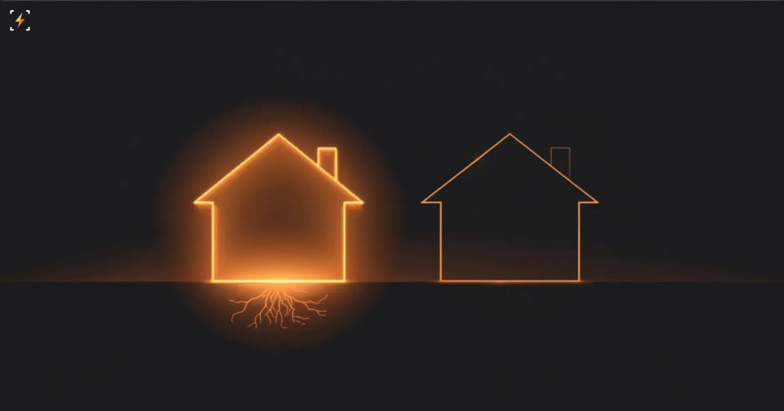 Flat vector illustration of a glowing amber house outline with deep roots reaching into the ground on the left, next to a faint, rootless outline of an identical house on the right, symbolizing the difference between owning an AI model and renting one