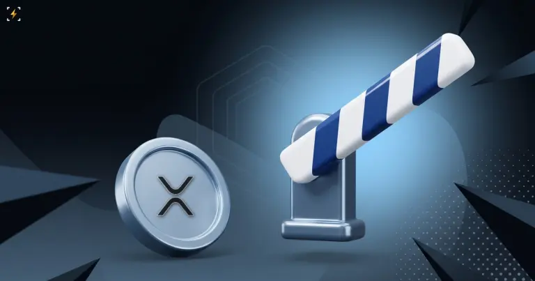 Монета XRP и поднятый полосатый шлагбаум