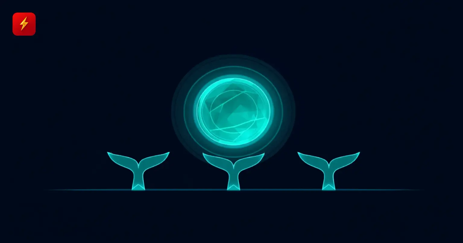 A glowing coin above a support line defended by three abstract whale-tail silhouettes