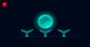 A glowing coin above a support line defended by three abstract whale-tail silhouettes