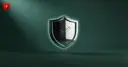 Glossy 3D shield with a checkmark on an emerald background — symbolizing AI compliance
