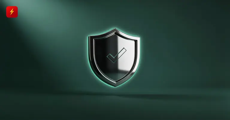 Glossy 3D shield with a checkmark on an emerald background — symbolizing AI compliance
