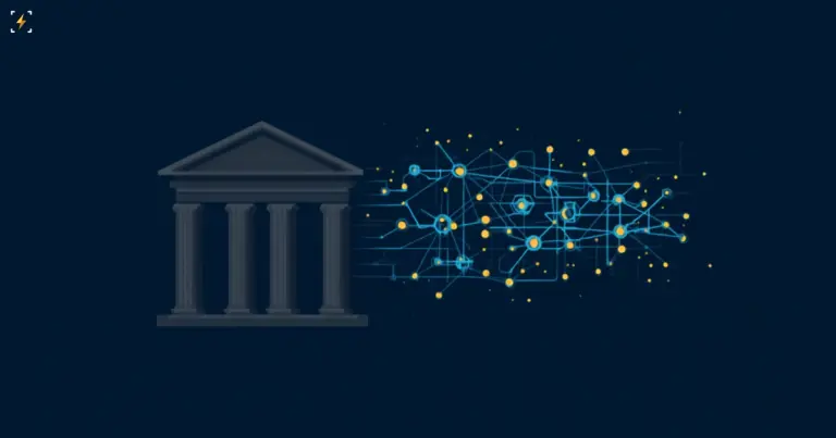 A classical exchange facade dissolving into a glowing blockchain network of nodes and coins