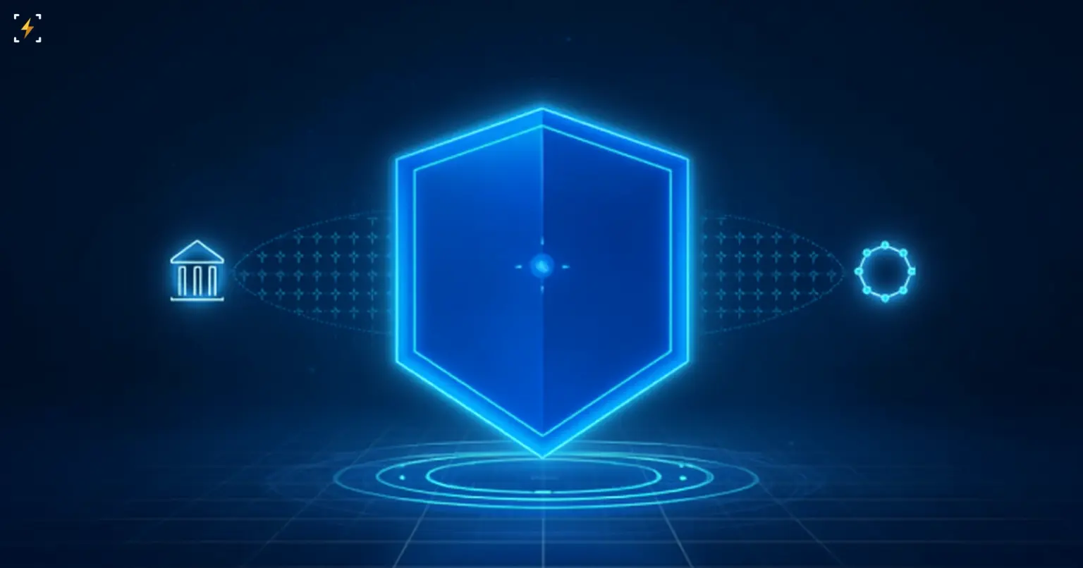 Glowing blue hexagonal shield hub connected by dotted lines to a bank icon on one side and a network node icon on the other, symbolizing a payments partnership linking a bank and a crypto exchange