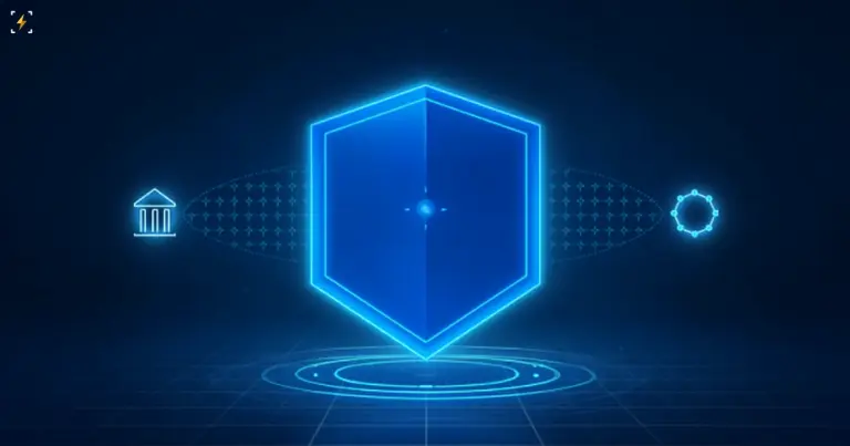 Glowing blue hexagonal shield hub connected by dotted lines to a bank icon on one side and a network node icon on the other, symbolizing a payments partnership linking a bank and a crypto exchange