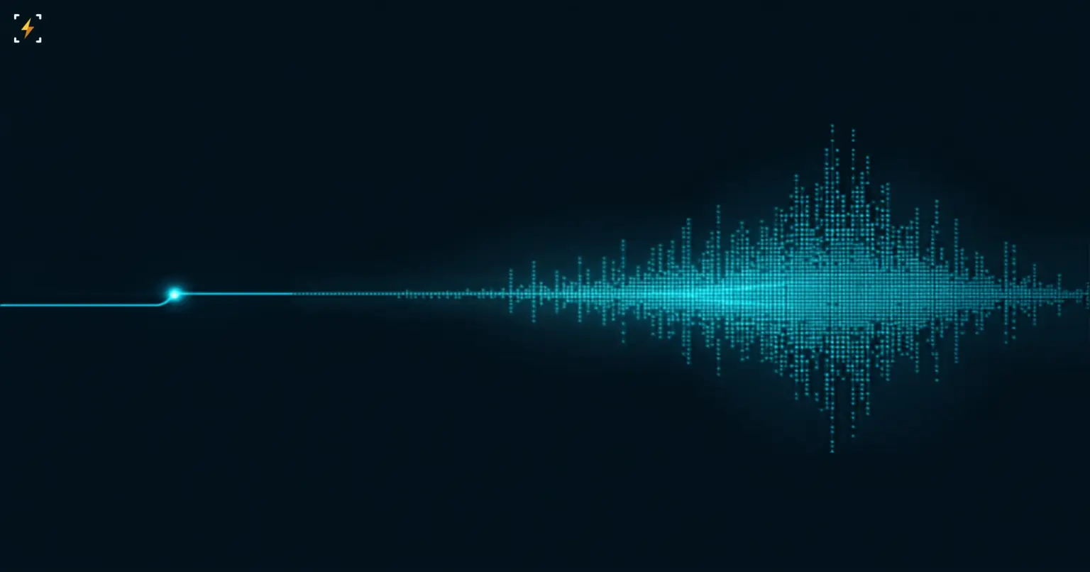 Flat vector illustration of a single glowing cyan point expanding into a dense soundwave-like cluster of particles on a dark background, symbolizing the vast data efficiency gap between how children learn language and how LLMs are trained