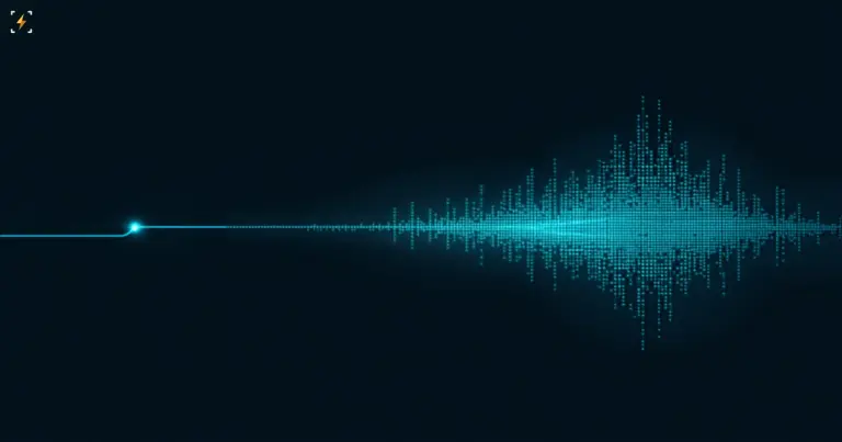 Flat vector illustration of a single glowing cyan point expanding into a dense soundwave-like cluster of particles on a dark background, symbolizing the vast data efficiency gap between how children learn language and how LLMs are trained