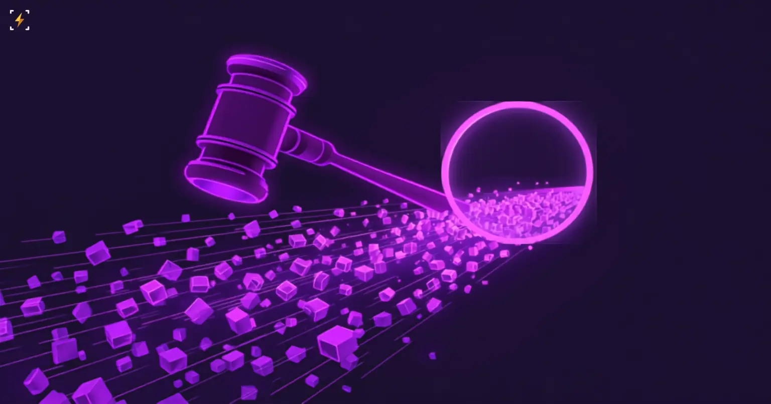 Flat vector illustration of a glowing purple auction gavel with a lens-like circular portal, above a fast-flowing river of small glowing purple block-shaped cubes, symbolizing an auction system sorting a rapid stream of transaction blocks