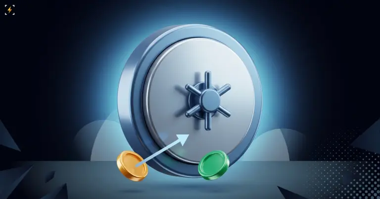 A huge glossy vault door with two tiny coins at its base and a thin arrow pointing from them into the vault