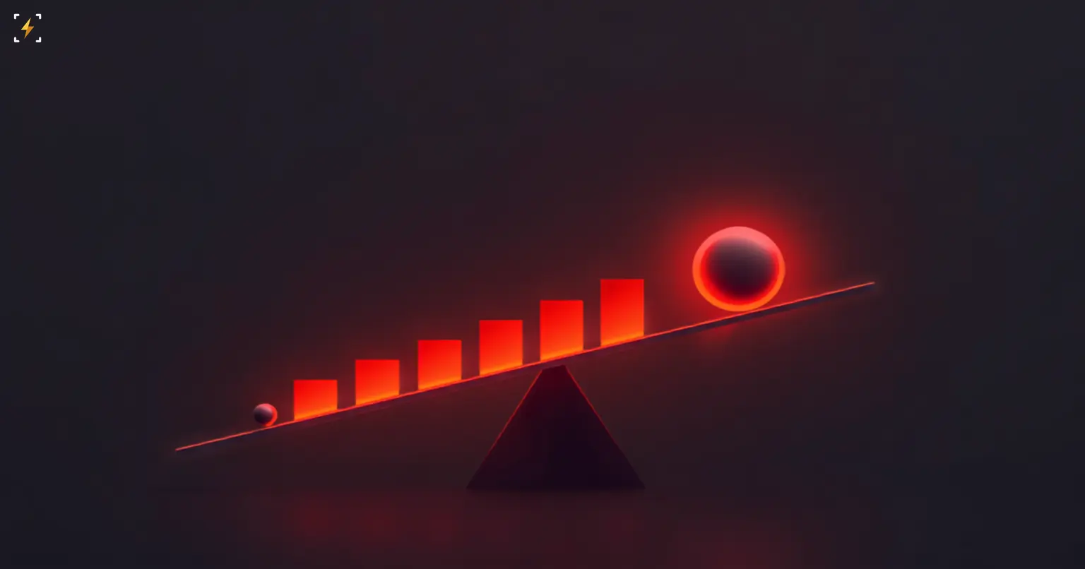 Flat vector illustration of a glowing red balance beam tipped heavily by one large sphere on a bar-chart incline against a small sphere on the other side, symbolizing one asset's trading volume dramatically outweighing its rivals