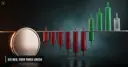 Nine trading candles, six red below a steel baseline and three green above it, beside a blank coin