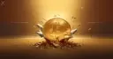 Illustration of a large gold bitcoin coin punching upward through a horizontal band of grey glass that shatters around it, on a warm amber background, illustrating a price break through an overhead supply band
