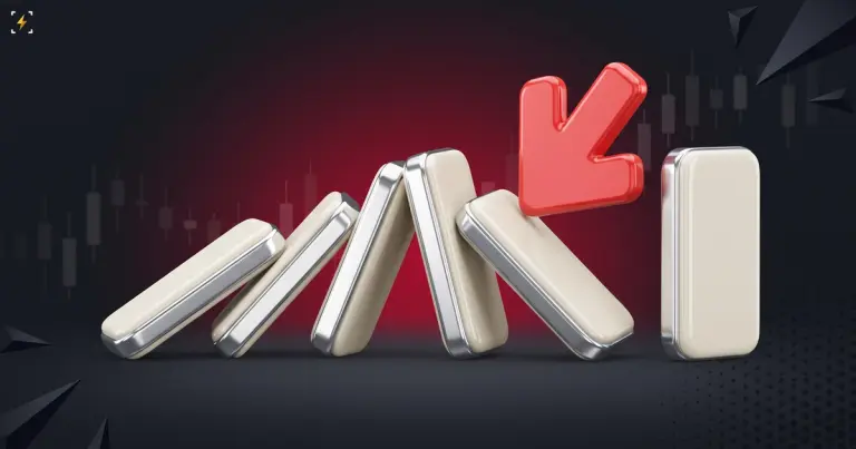 Row of blank dominoes collapsing with one still upright and a red arrow pointing down