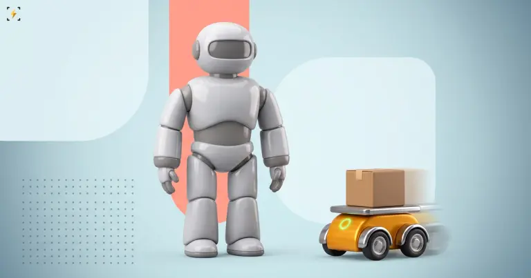 Tall humanoid robot standing switched off beside a small lit wheeled robot carrying a box