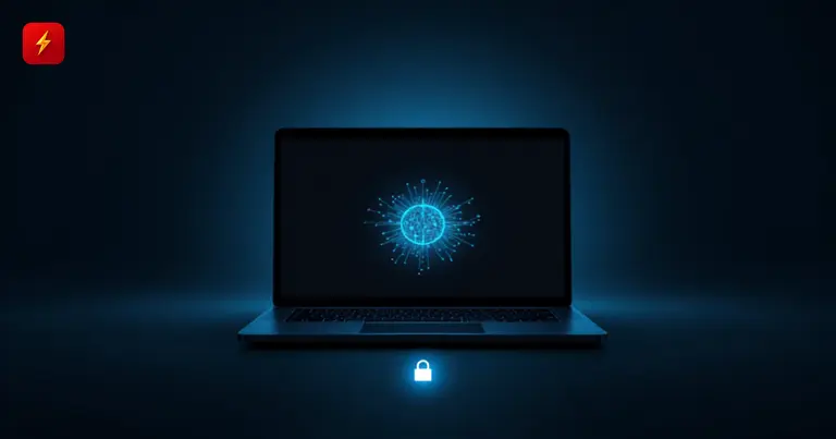 A laptop with a neural network node on screen and a privacy lock beneath it, symbolizing on-device local AI