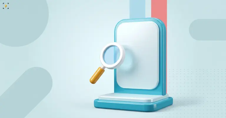 Exhibition stand with a blank display panel and a magnifying glass in front of it
