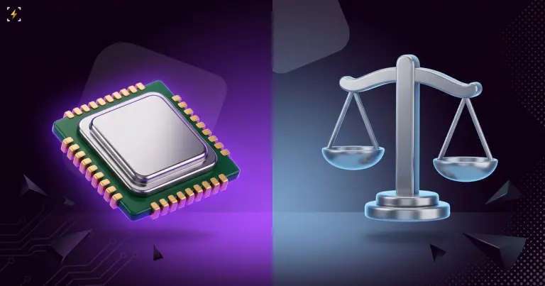 A processor chip on a violet half of the frame facing scales of justice on a blue half, illustrating the argument over whether AI safety is engineering or law