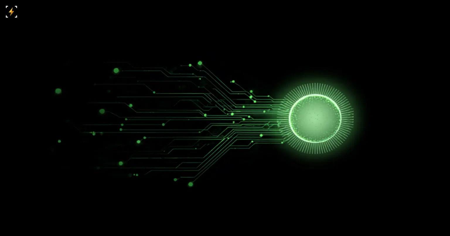 Flat vector illustration of glowing green circuit-board traces converging from the left into a radiant glowing orb on a black background, symbolizing a chipmaker's capital flowing into a growing AI company