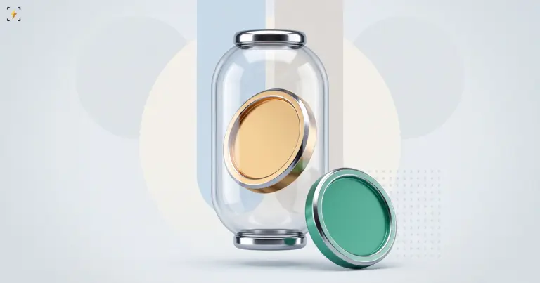Gold coin sealed inside a glass capsule with a teal stablecoin coin standing outside it