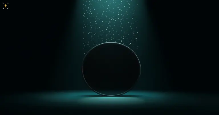 A large matte steel coin with a milled edge standing under a field of glowing nodes, illustrating the debate over AI and bitcoin security