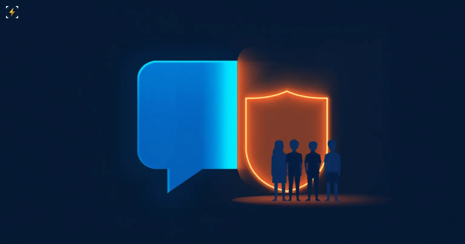 Flat vector illustration of a chat bubble split between a cool blue standard half and a glowing amber half enclosed by a protective shield, with silhouetted young figures standing inside the shielded side, symbolizing OpenAI's safety-focused ChatGPT for Teens