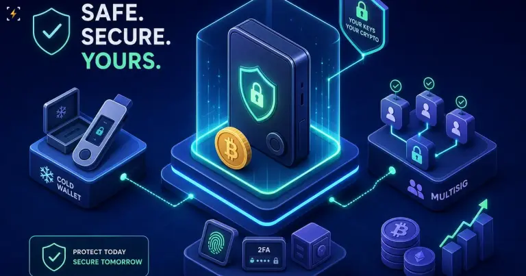 Hardware wallet on a dark desk beside a metal seed backup plate and signing keys