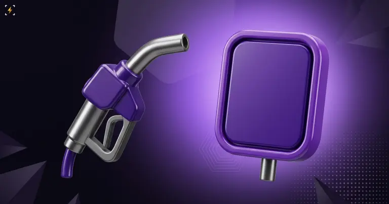 Steel fuel nozzle beside a blank violet road sign