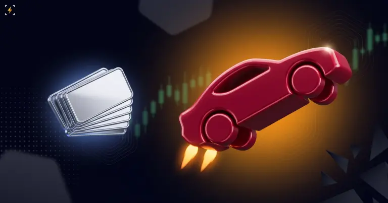 Crimson sports car lifting off with thrust flames beside five aligned chrome cards