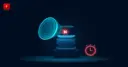Cyan scanner beam illuminating a glowing red flaw icon above a geometric pedestal, with a red stopwatch beside it, symbolizing AI-accelerated vulnerability detection and response