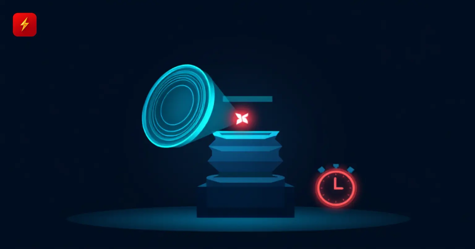 Cyan scanner beam illuminating a glowing red flaw icon above a geometric pedestal, with a red stopwatch beside it, symbolizing AI-accelerated vulnerability detection and response