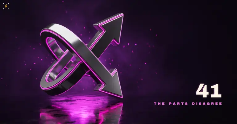 Glossy chrome double-headed arrow pointing up and down at once, crossed by a ring and edged in magenta neon above a wet reflective floor