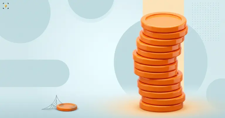 Tall stack of orange coins beside one small dusty coin